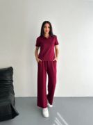 Osy Modal Yumuşak Dokulu Kumaş Kısa Kollu Yakalı T-shirt Pantalon Ikili Takım- Bordo resmi